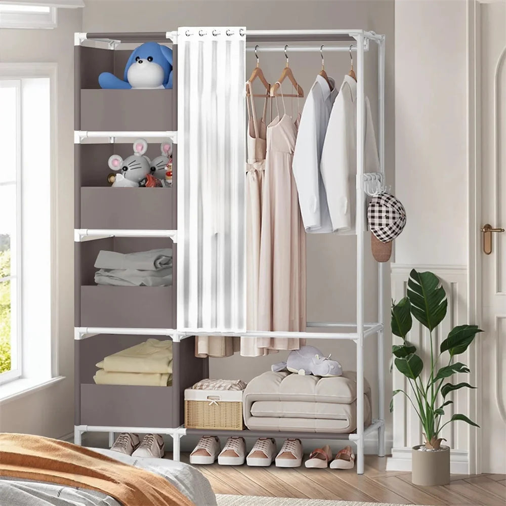 Gray Portable Closet – Large Wardrobe Storage with 3 Hanging Rods & 6 Shelves