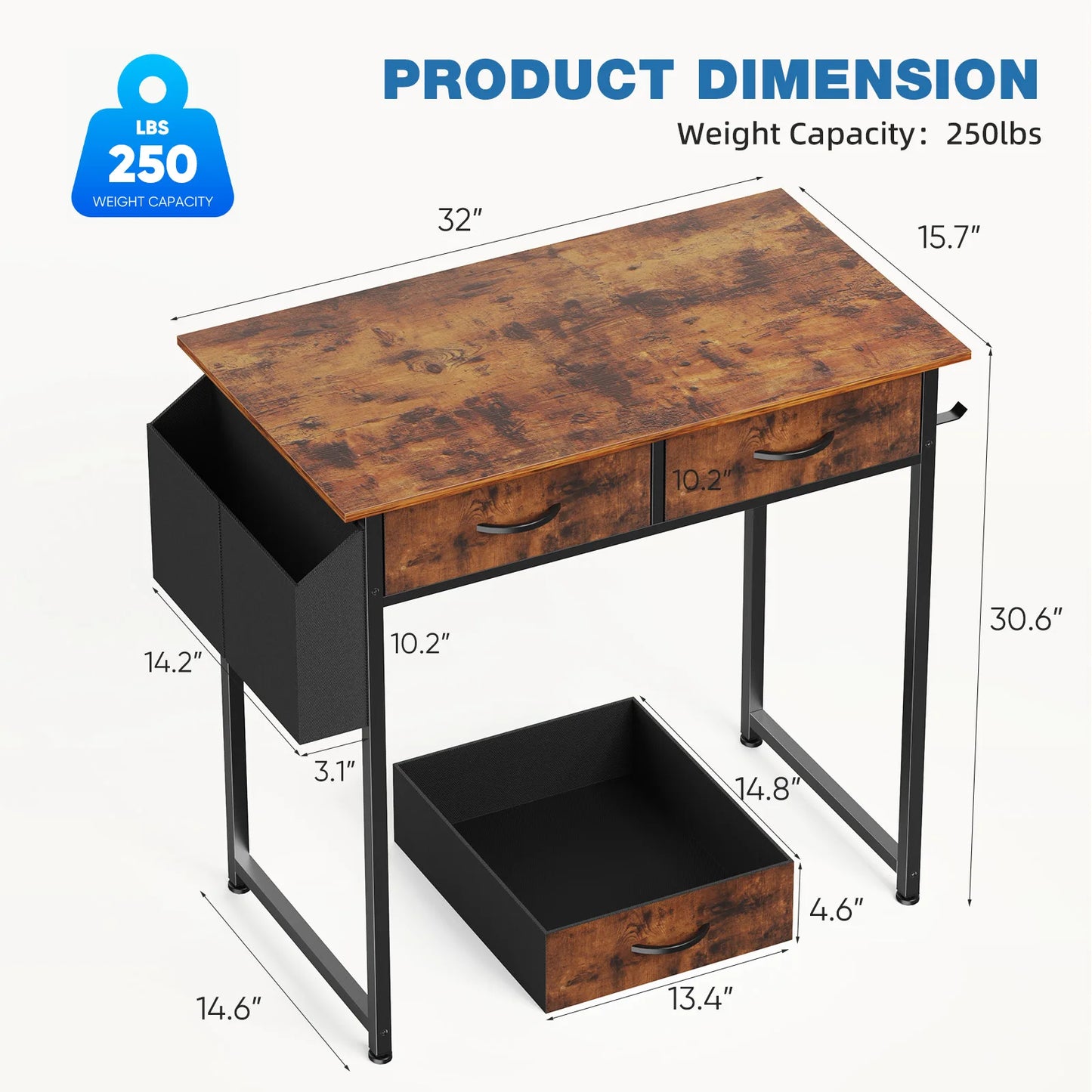 Modern Home Desk – 32" PC Table with Storage Drawers and Side Bag