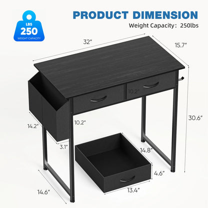 Modern Home Desk – 32" PC Table with Storage Drawers and Side Bag