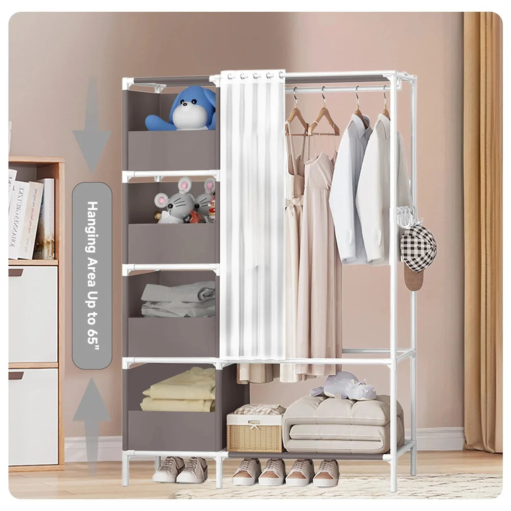 Gray Portable Closet – Large Wardrobe Storage with 3 Hanging Rods & 6 Shelves