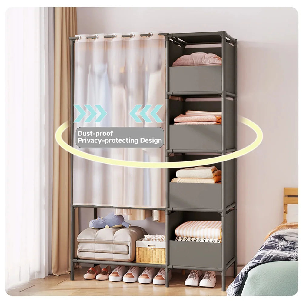 Gray Portable Closet – Large Wardrobe Storage with 3 Hanging Rods & 6 Shelves