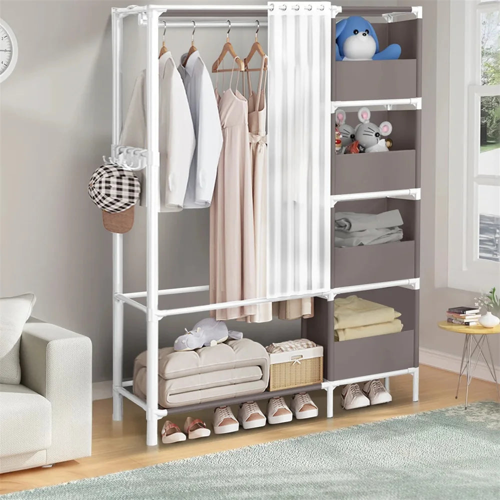 Gray Portable Closet – Large Wardrobe Storage with 3 Hanging Rods & 6 Shelves